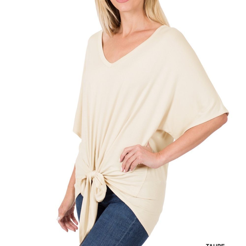 LUXE RAYON V-NECK TIE FRONT TOP Taupe